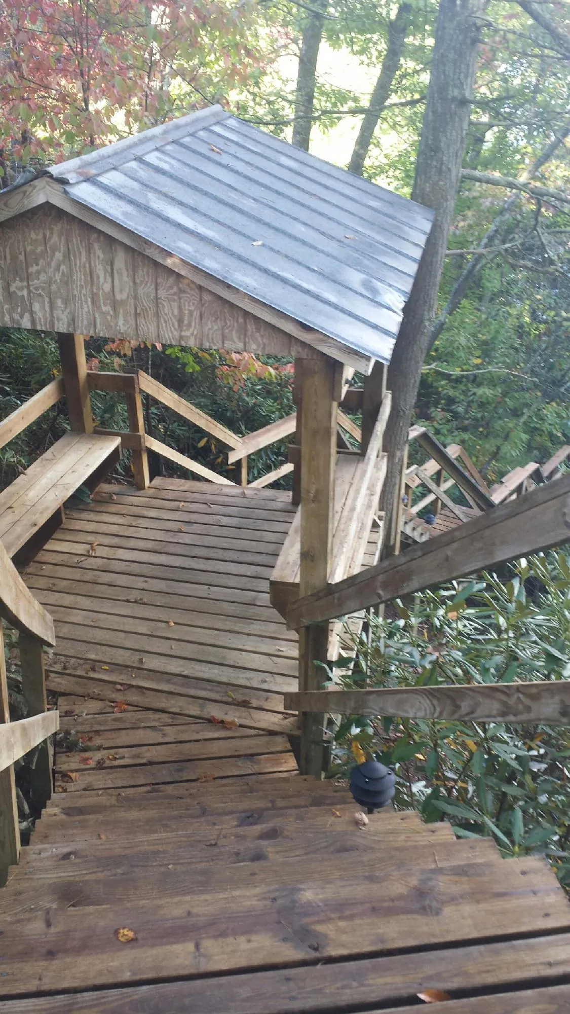 Metal roofed shelter over wooden steps on a wooded walkway — Skylight Repair & Installation work by our crew in Salida